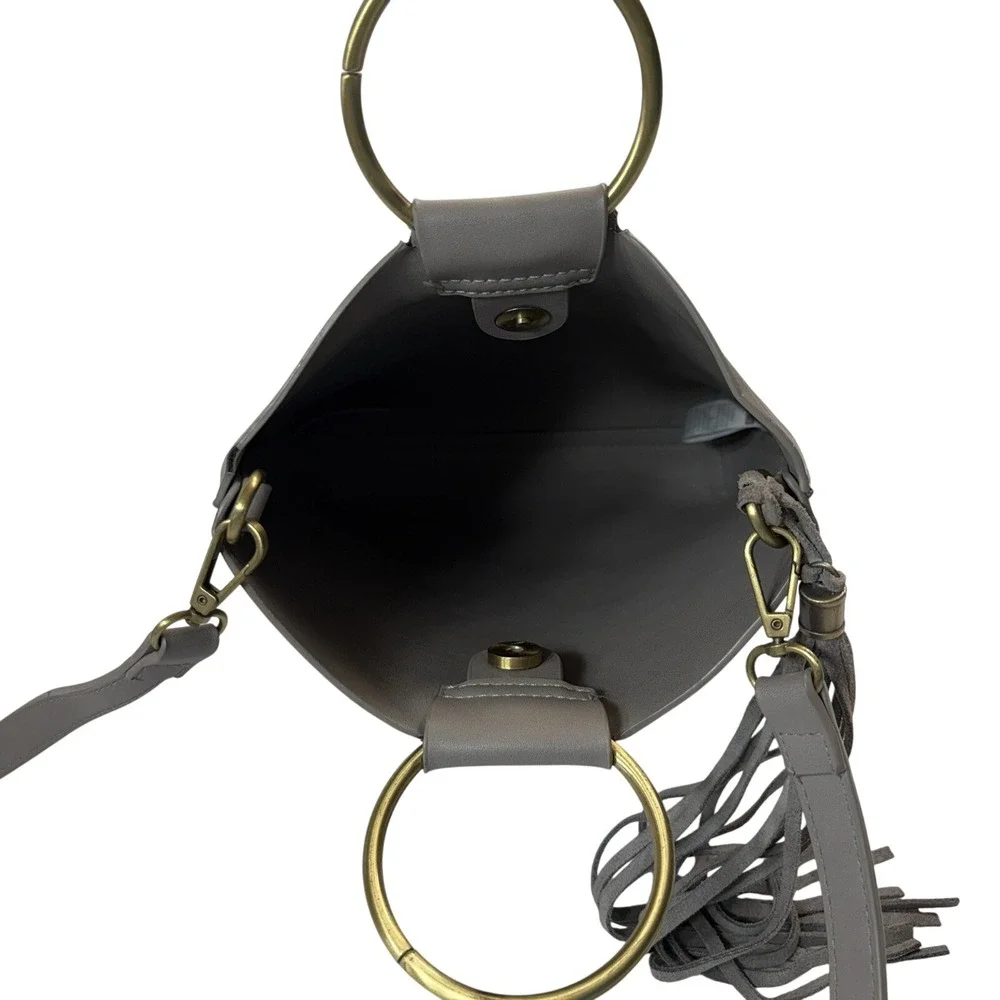 Street Level for Anthropologie Vegan Leather Ring Handle Tote Bag‎ Gray Tassel